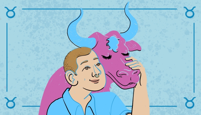 Cheeky illustration of a young non-binary person petting a bull.