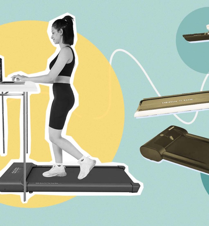 Best under-desk treadmill: A collage with a woman on a treadmill