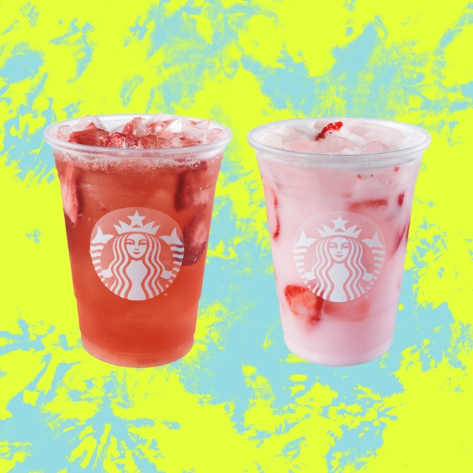 vegan at starbucks: starbucks strawberry acai refresher and pink drink on a green and blue splatter background