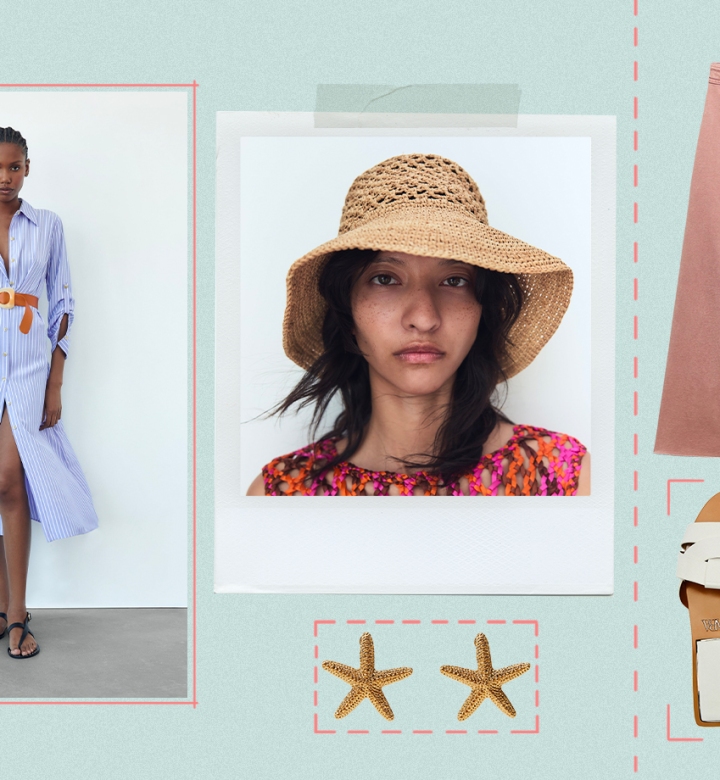 Zara pieces for summer: collage of Zara stock images, from a dress to a hat, sandals, earring and pants.