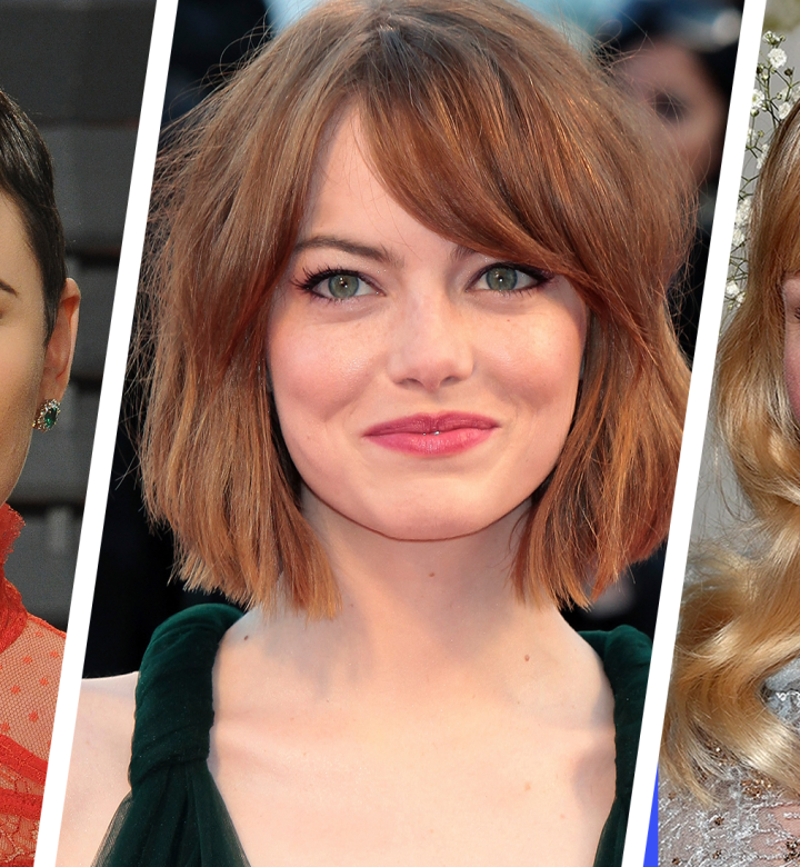 best haircuts for round faces a collage of ginnifer goodwin, emma stone, kirsten dunst