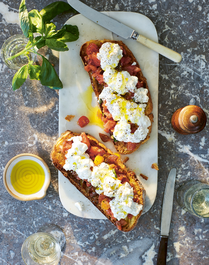 lazy summer entertaining recipes bruschette with mixed heritage tomatoes and burrata