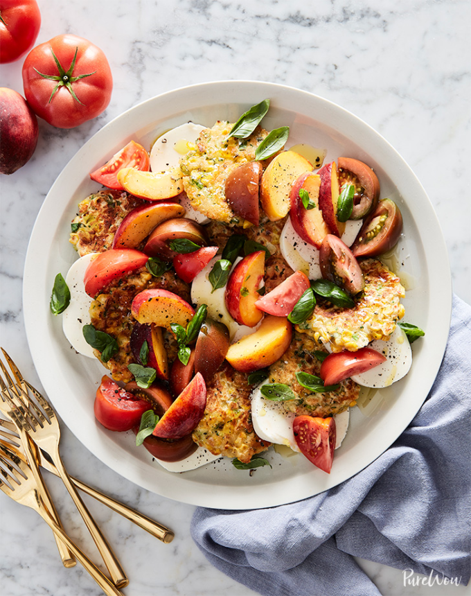 lazy summer entertaining recipes corn fritter caprese with peaches and tomatoes