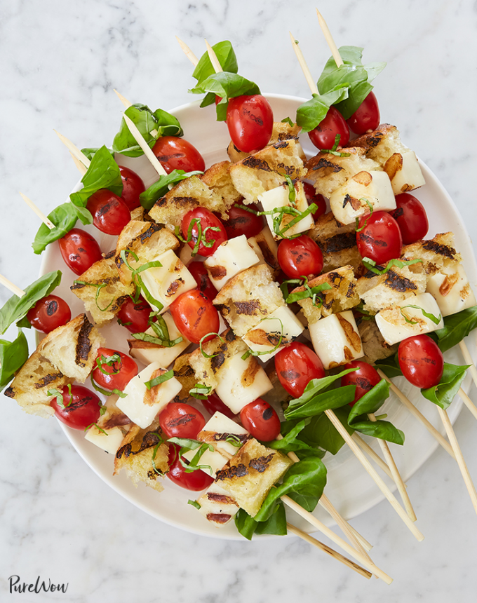 lazy summer entertaining recipes grilled caprese skewers with halloumi and sourdough