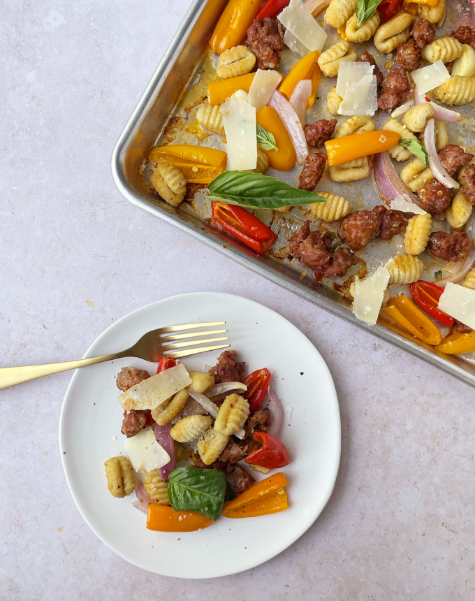 lazy summer entertaining recipes sheet pan gnocchi sausage peppers onions